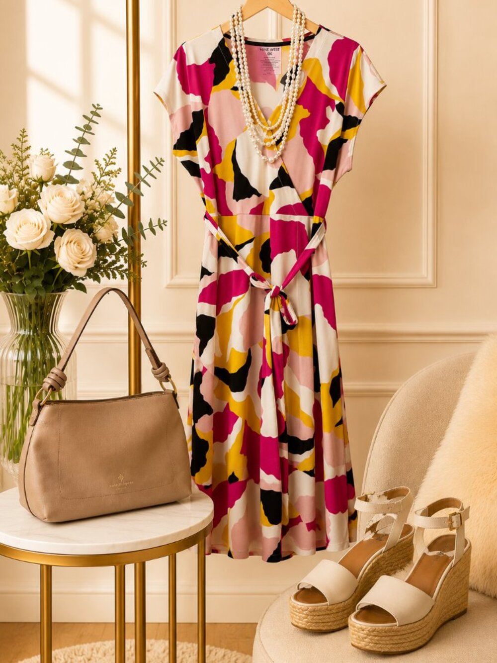 Nine West Abstract Faux Wrap Mini Dress – Size 0X – Bold Pink & Yellow Print